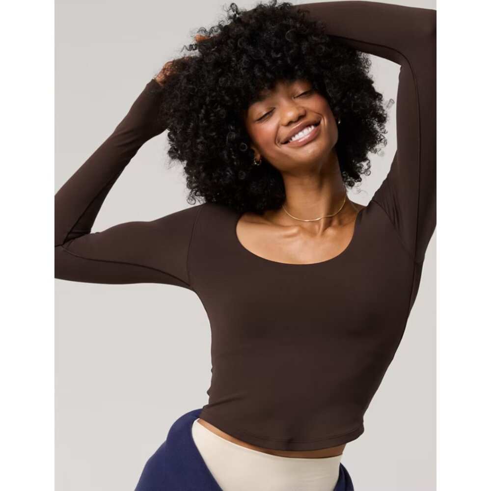 OFFLINE By Aerie Real Me Long Sleeve Scoop T-Shirt in Brown NEW